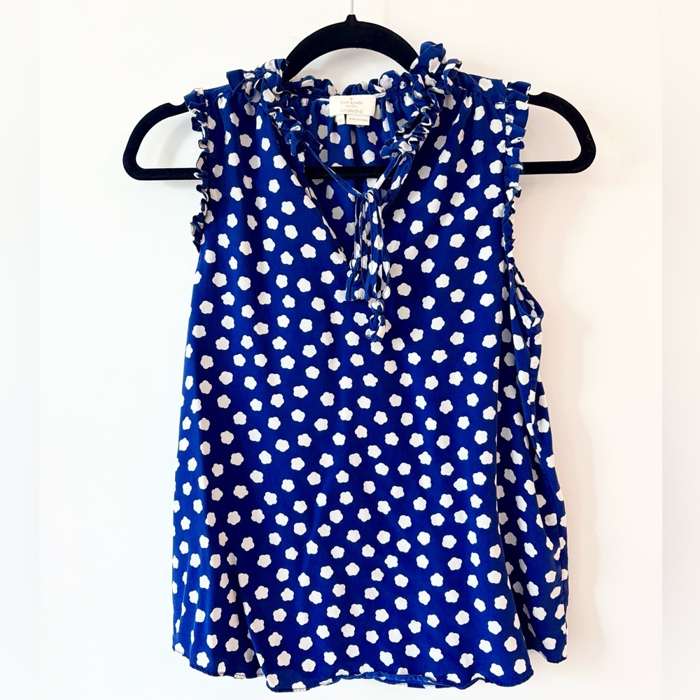 Kate Spade 100% Silk Blue and White Polka Dot Sleeveless Top | Size XS
